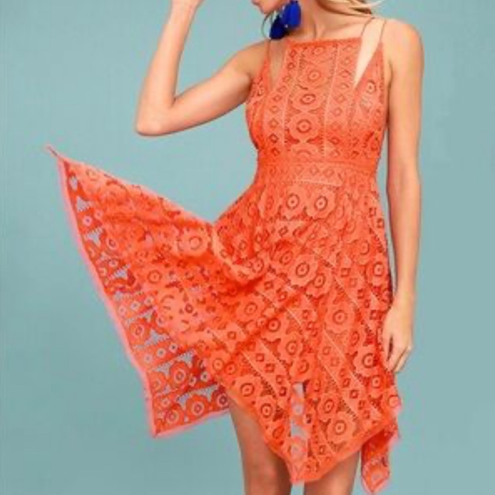 Free People Orange Lace Just‎ Like Honey Dress With Handkerchief Hem Size 2